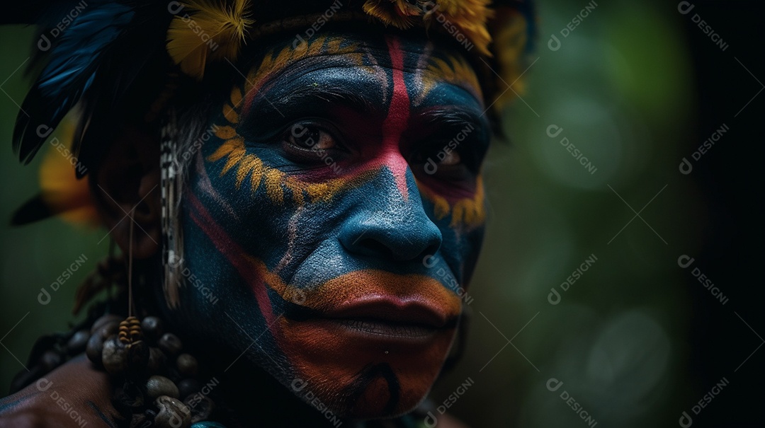 Índio da tribo, com cocar de penas. Indiano olhando para a câmera.