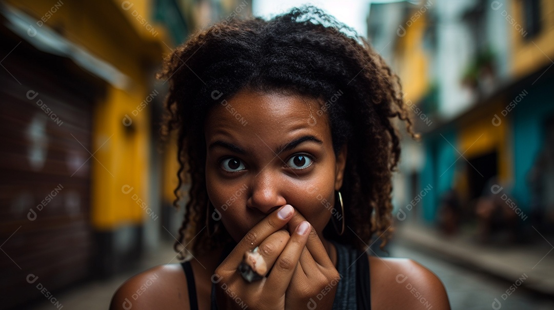 Uma jovem brasileira em um cenário urbano olha diretamente para a câmera com uma expressão poderosa.