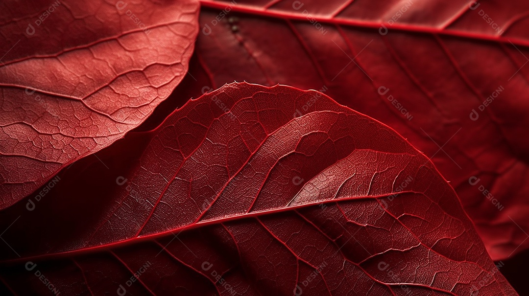 Uma macro de close-up de uma flor rosa e vermelha com pétalas texturizadas, cercada por folhas de outono mostrando veias detalhadas.