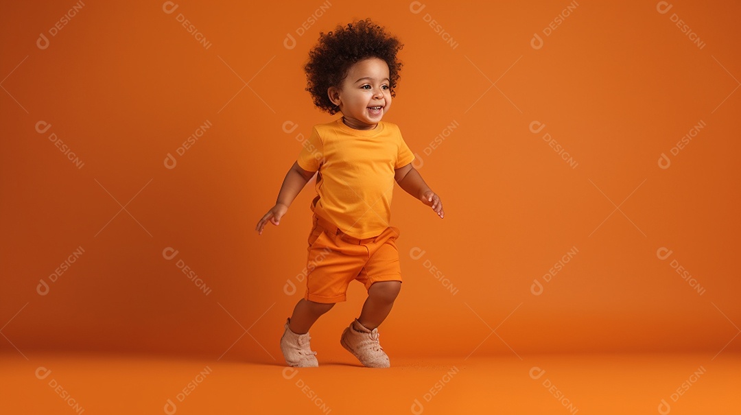Uma criança alegre de cabelos cacheados está em um estúdio de cores vivas, vestida de laranja e amarelo para um retrato de corpo inteiro.