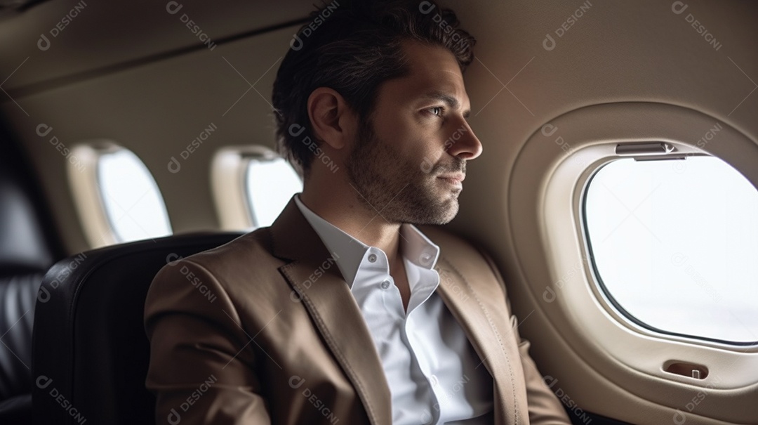 Um empresário senta-se em um avião moderno, pronto para viajar a negócios.