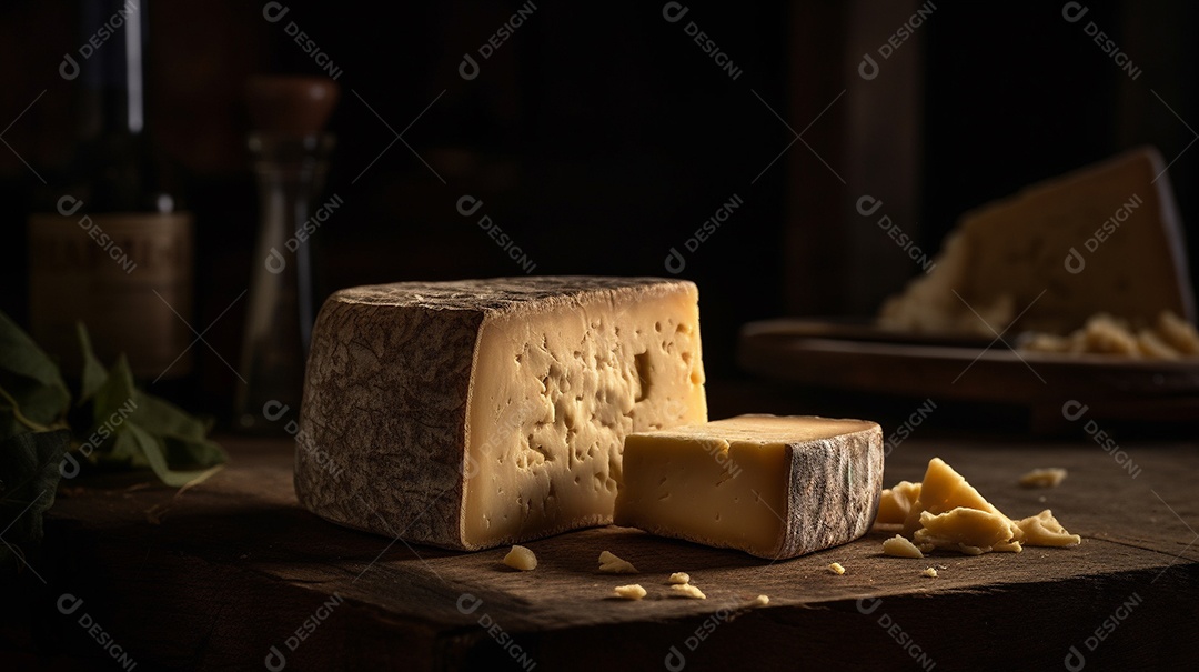 Fatia de queijo Parmigiano-Reggiano em uma placa de madeira, dentro de casa.