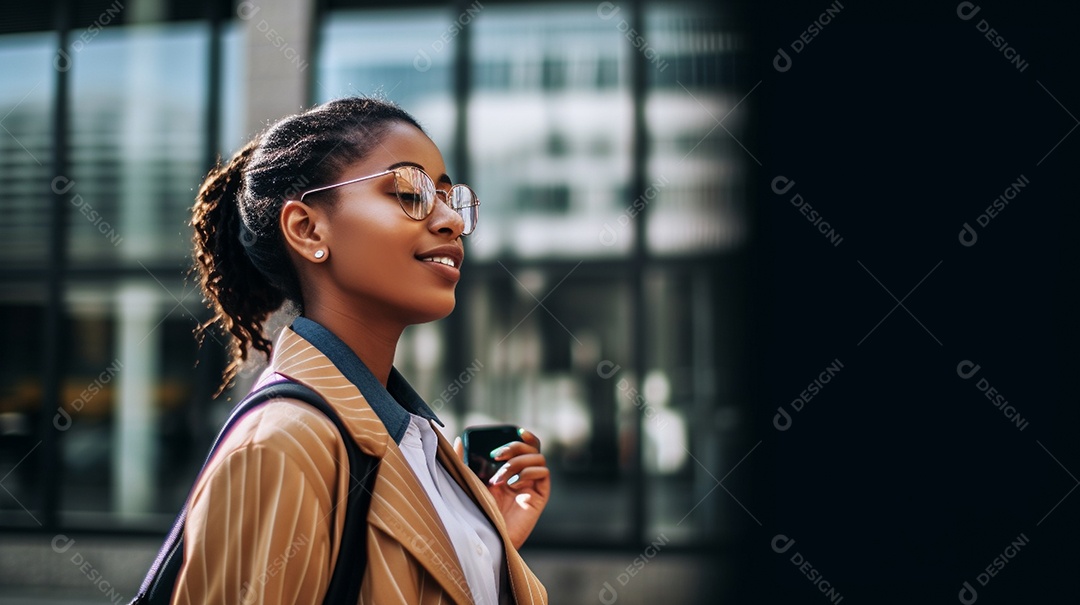 Uma jovem com roupas da moda fica de lado, olhando para o horizonte da cidade.