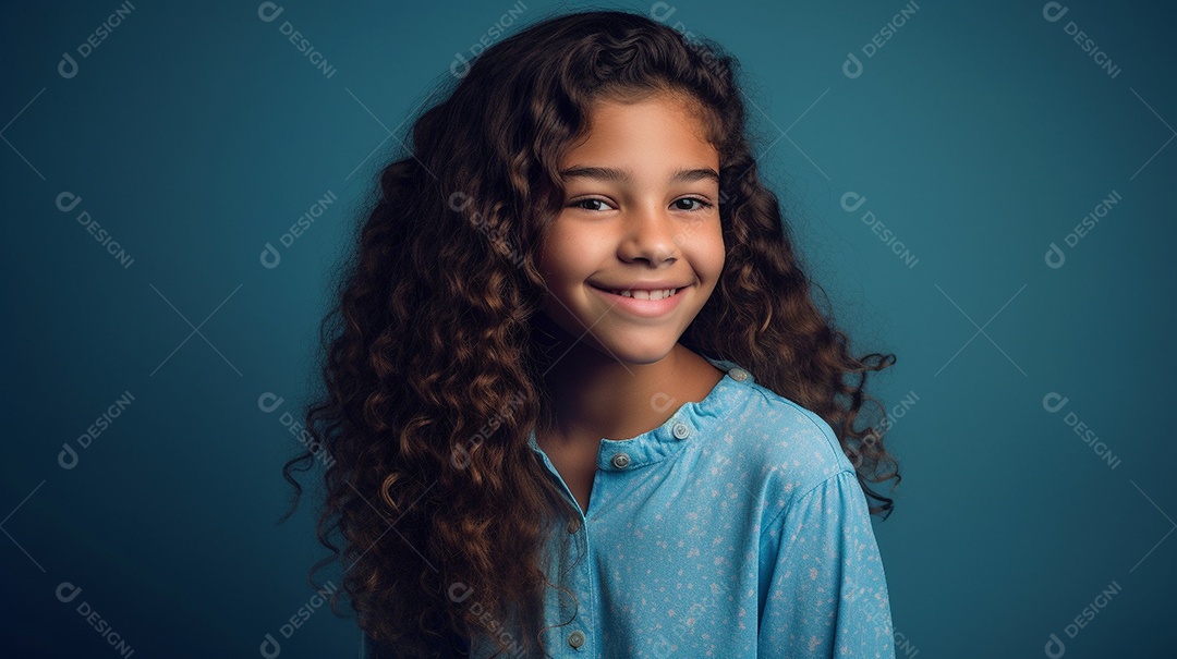 Adolescente sorridente com cabelo encaracolado.
