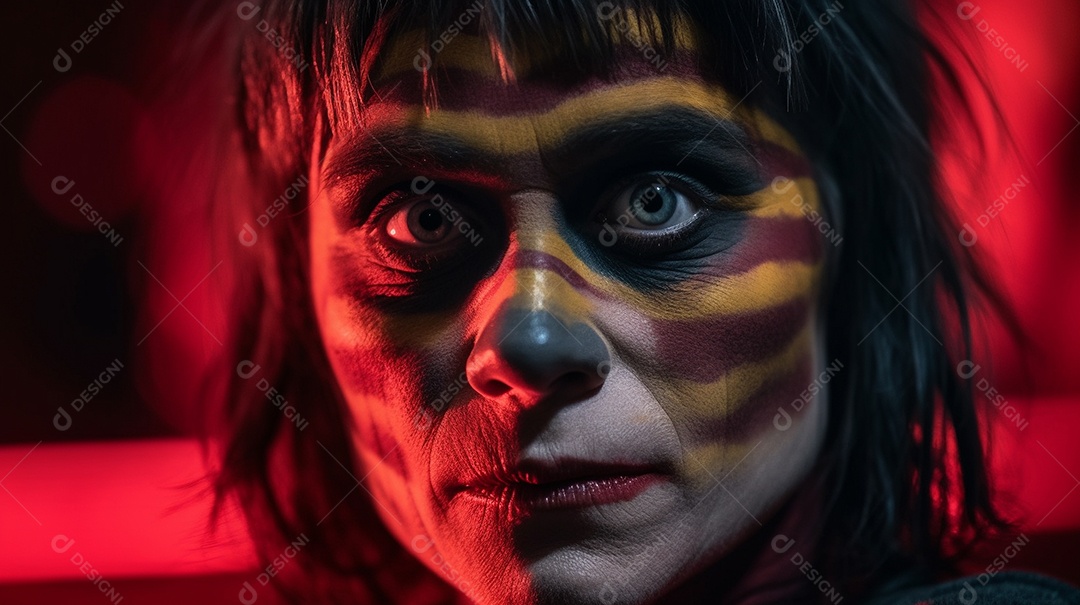 Um retrato assustador de uma pessoa usando maquiagem de palco vermelha e branca.