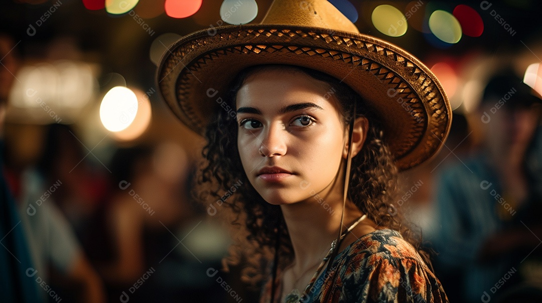 Uma garota usa um chapéu elegante neste retrato de rosto. Festa Junina festa brasileira.