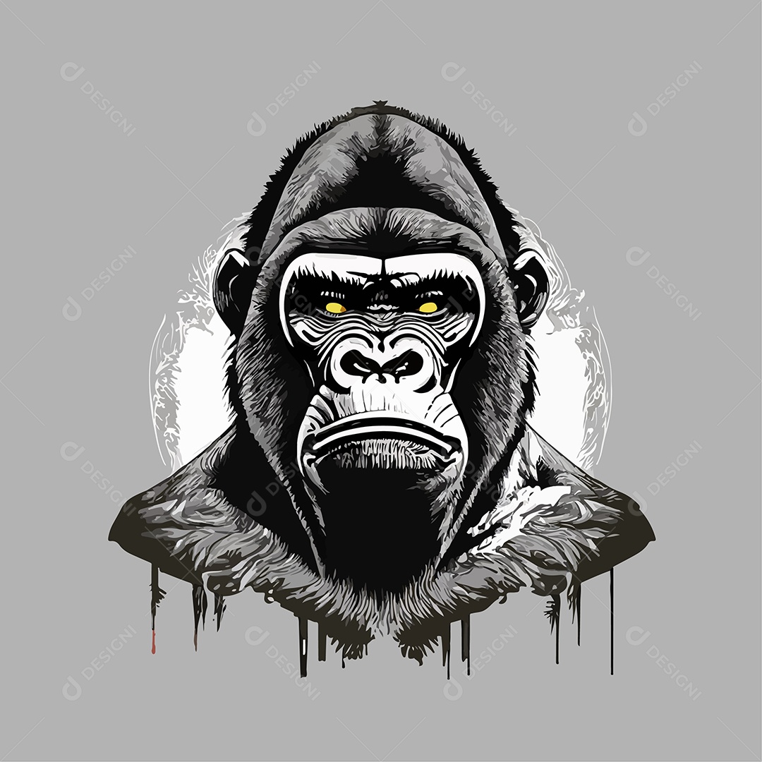 Ilustração De Arte De Gorila Design De Camiseta Preto e Branco Em Fundo Cinza Vetor EPS