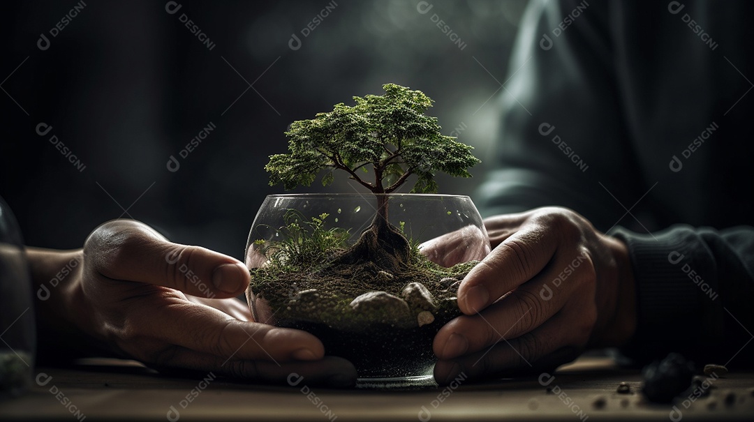 Uma pessoa fica dentro de casa, admirando uma planta tropical em um aquário com a mão apoiada no vidro.