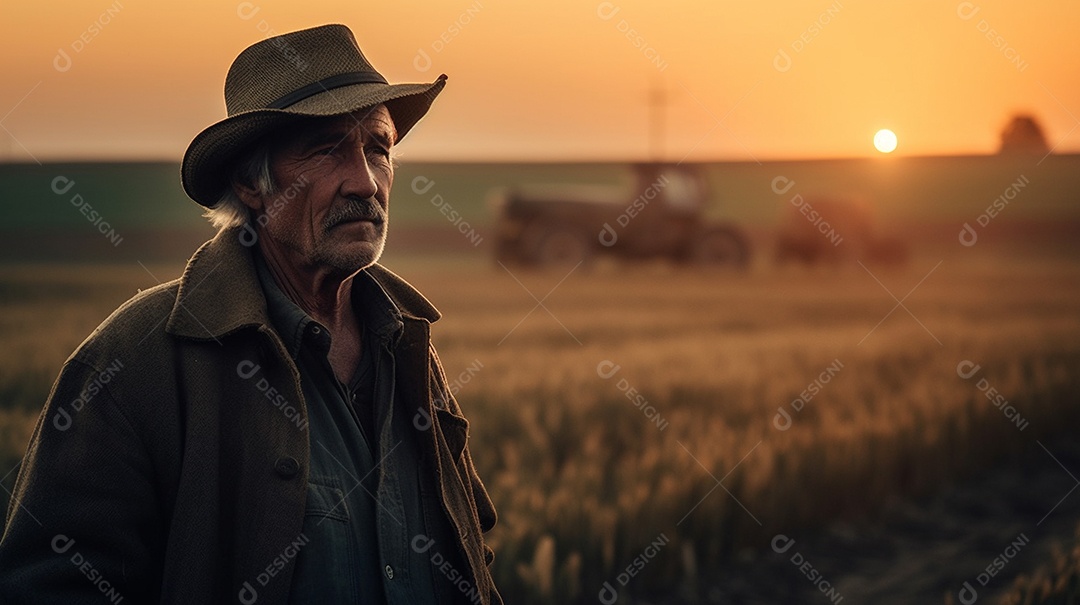 Um agricultor adulto sênior fica sozinho em meio a um deslumbrante pôr do sol rural.