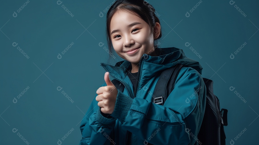 Menina asiática adolescente sorridente no estúdio azul brilhante.