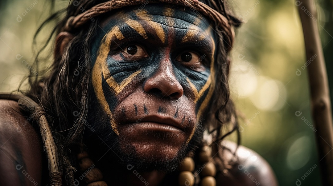 Índio da tribo, com cocar de penas. Indiano olhando para a câmera.