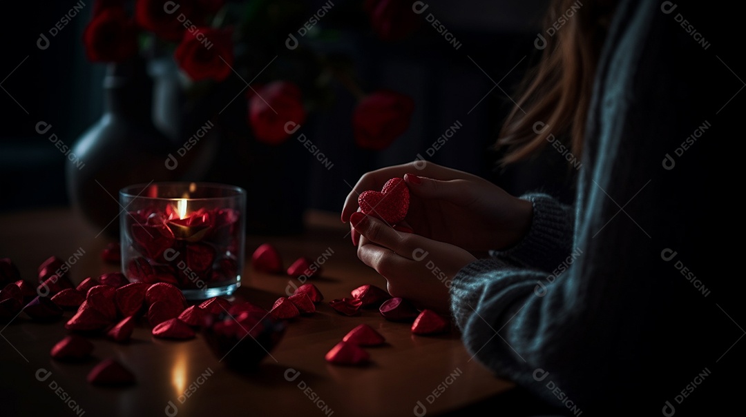 Conceito de dia dos namorados, mulher com presente em forma de coração e pétalas na mesa, noite romântica.