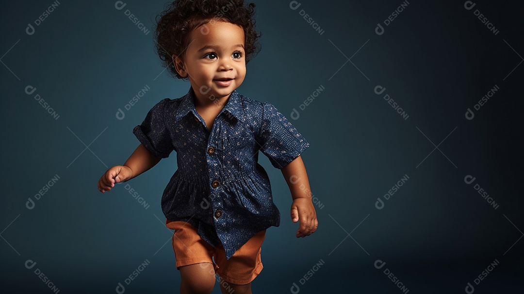 Um modelo infantil elegante está em um estúdio, olhando diretamente para a câmera.