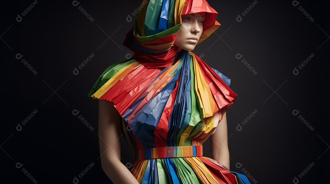 Um vibrante retrato de estúdio de uma pessoa em roupas coloridas contra um pano de fundo totalmente preto.