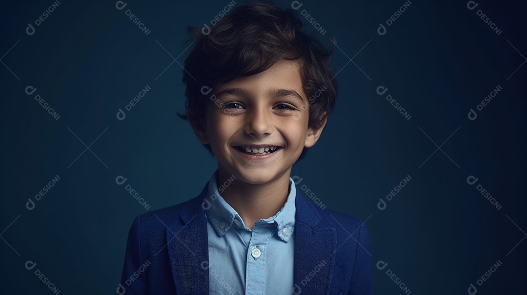 Um modelo infantil elegante está em um estúdio, olhando diretamente para a câmera.