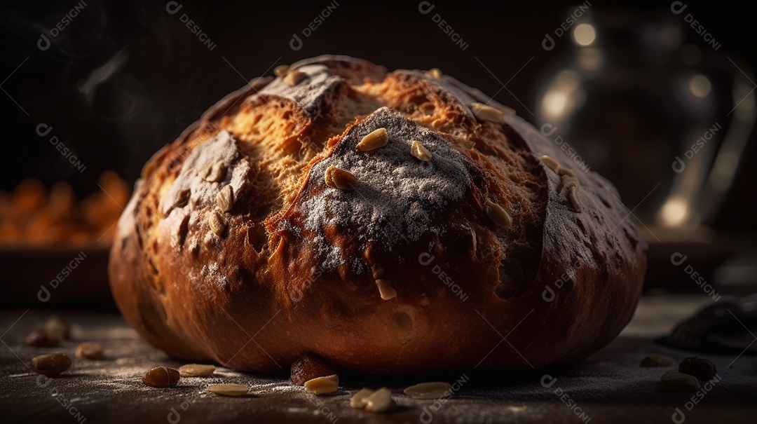 Folha de pão de fermento em uma placa de madeira rústica. Pão acabado de cozer.
