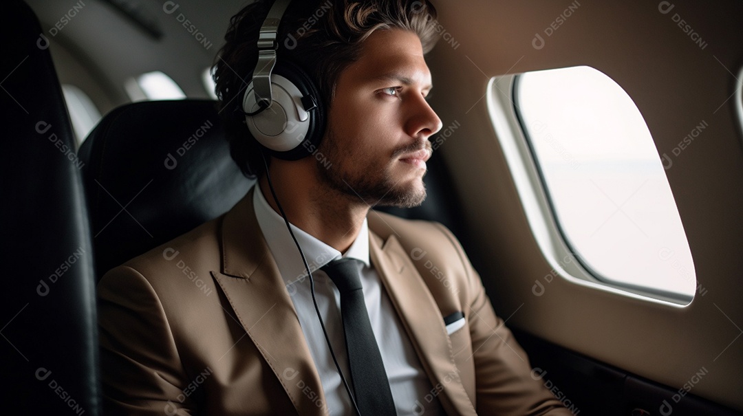 Um empresário senta-se em um avião moderno, pronto para viajar a negócios.
