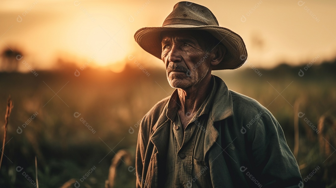 Um agricultor adulto sênior fica sozinho em meio a um deslumbrante pôr do sol rural.