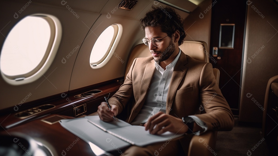 Um empresário senta-se em um avião moderno, pronto para viajar a negócios.