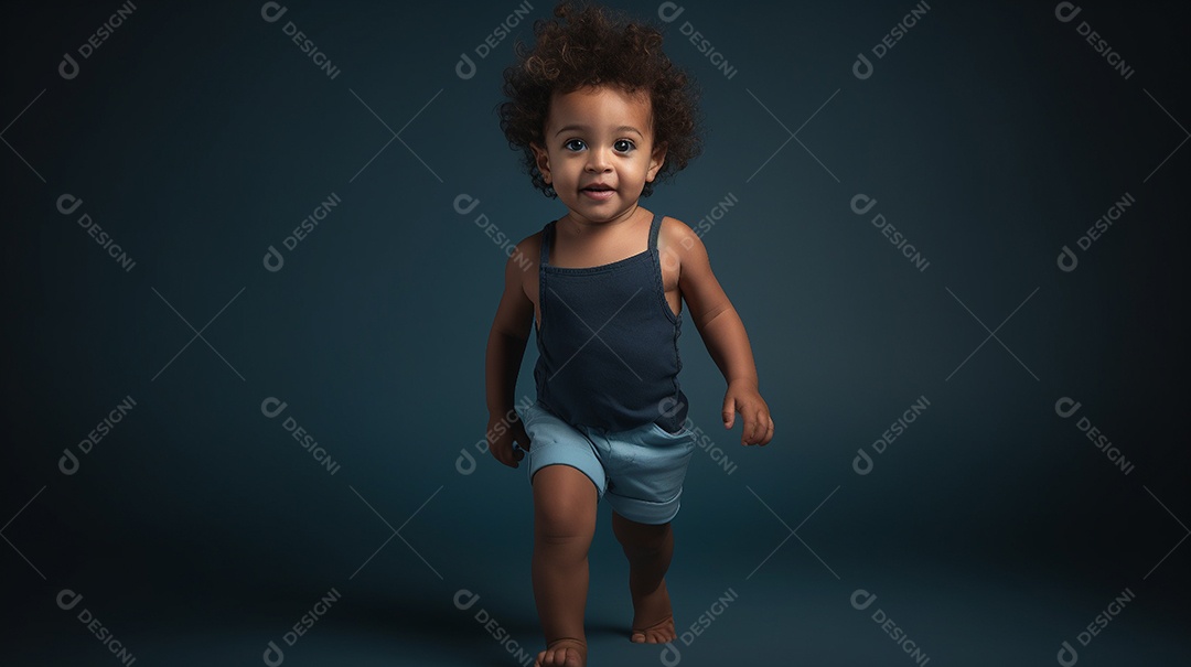 Um modelo infantil elegante está em um estúdio, olhando diretamente para a câmera.