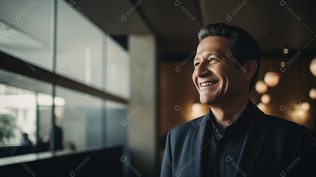 Um empresário sorri em um retrato, cheio de alegria e emoção.