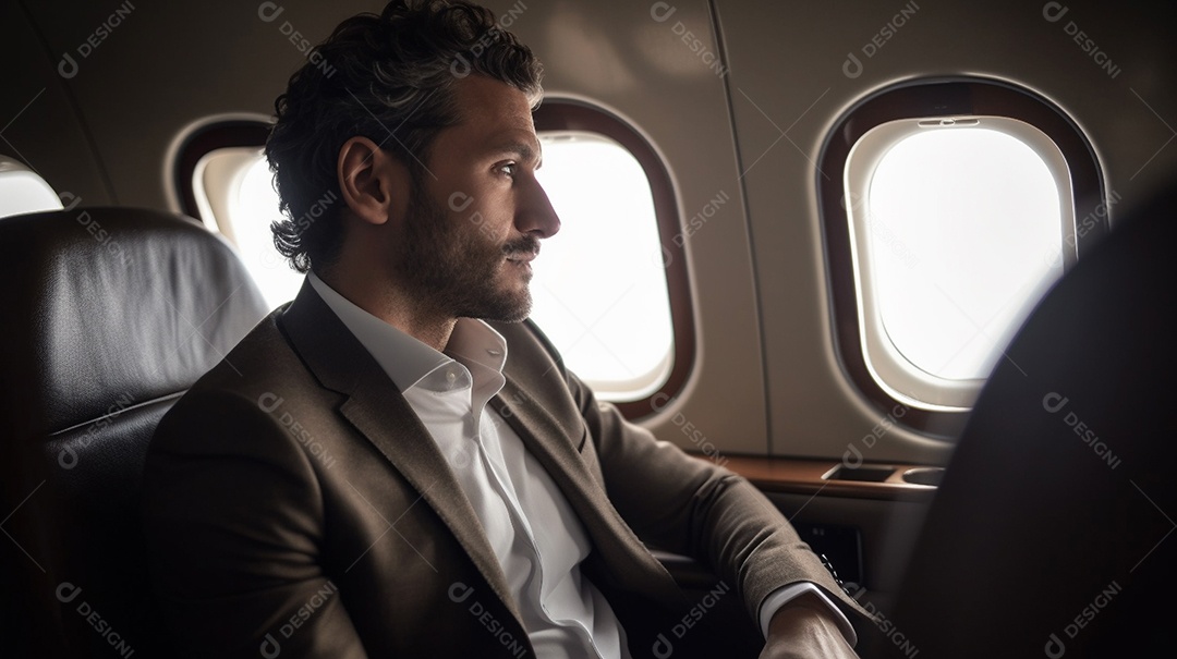 Um empresário senta-se em um avião moderno, pronto para viajar a negócios. Ele veste traje formal e olha pela janela, ansioso pela jornada que tem pela frente.