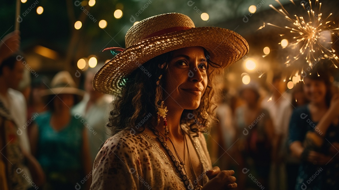 Uma garota usa um chapéu elegante neste retrato de rosto. Festa Junina festa brasileira.