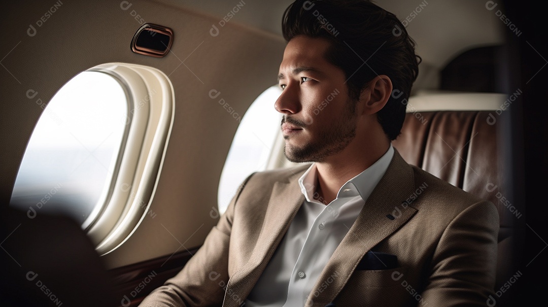 Um empresário senta-se em um avião moderno, pronto para viajar a negócios. Ele veste traje formal e olha pela janela, ansioso pela jornada que tem pela frente.