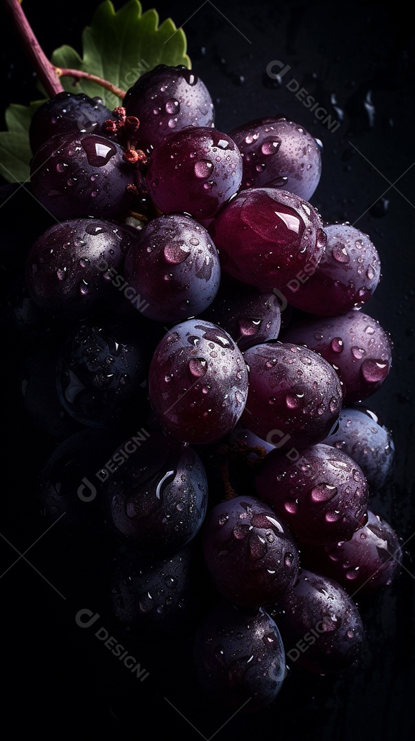 Um bago de uva maduro e saboroso se destaca em um fundo preto, cacho de uvas, destacando seu frescor e benefícios para a saúde.