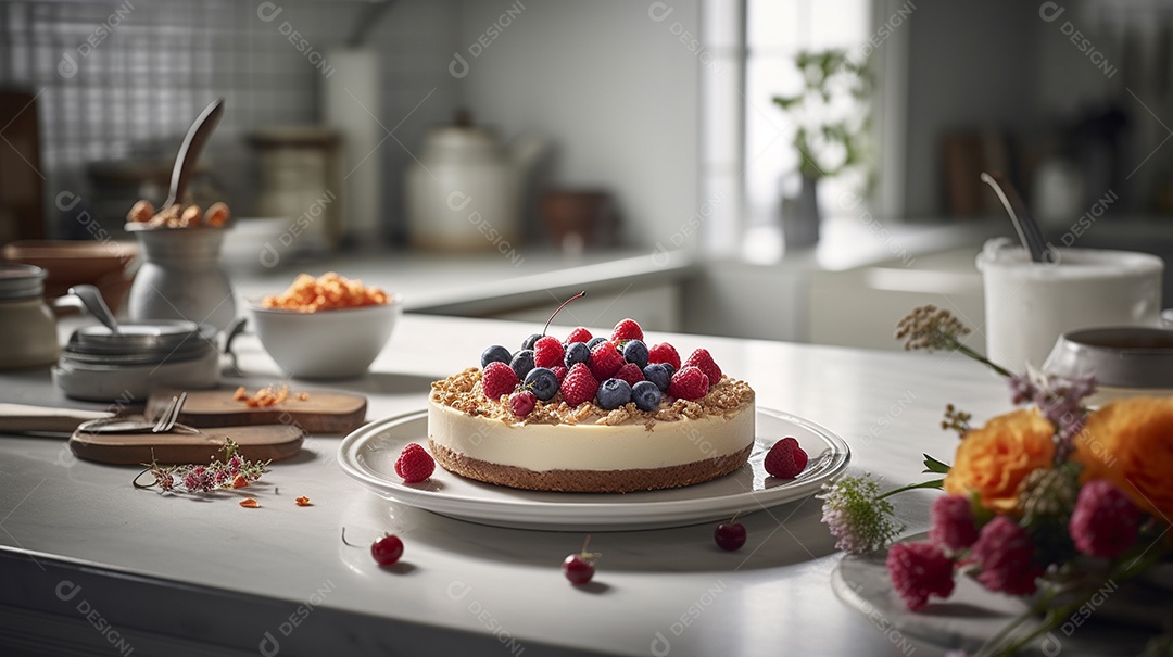 Um delicioso e saudável bolo de café da manhã feito com morangos frescos e framboesas para um doce deleite.