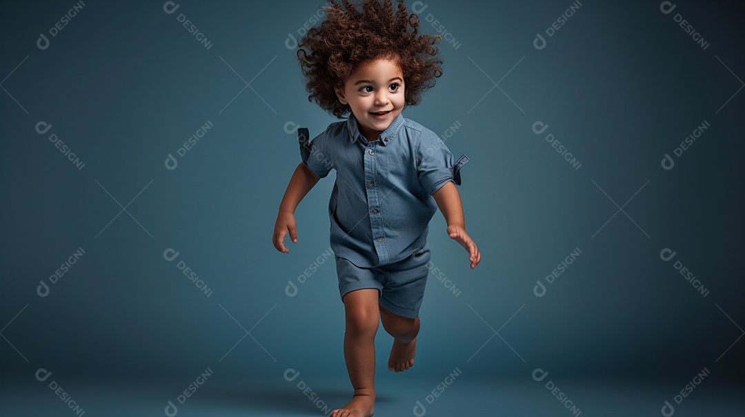 Um modelo infantil elegante está em um estúdio, olhando diretamente para a câmera.