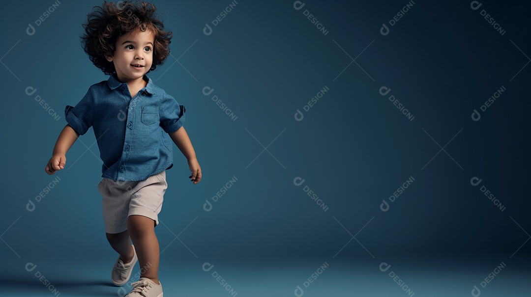 Um modelo infantil elegante está em um estúdio, olhando diretamente para a câmera.