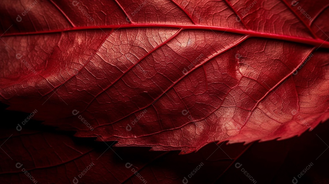 Uma macro de close-up de uma flor rosa e vermelha com pétalas texturizadas, cercada por folhas de outono mostrando veias detalhadas.