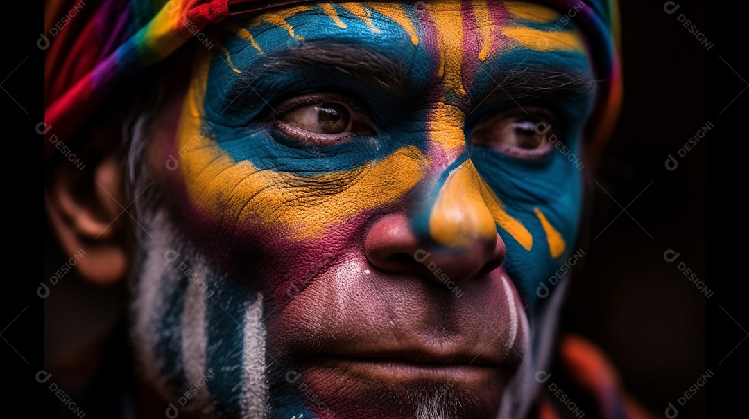 Índio da tribo, com cocar de penas. Indiano olhando para a câmera.