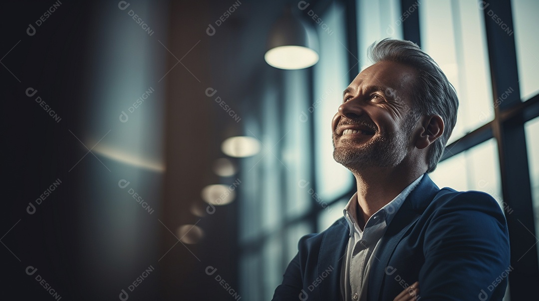 Um empresário sorri em um retrato, cheio de alegria e emoção.