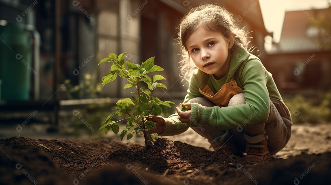 Uma criança loira plantando um vegetal em seu jardim.