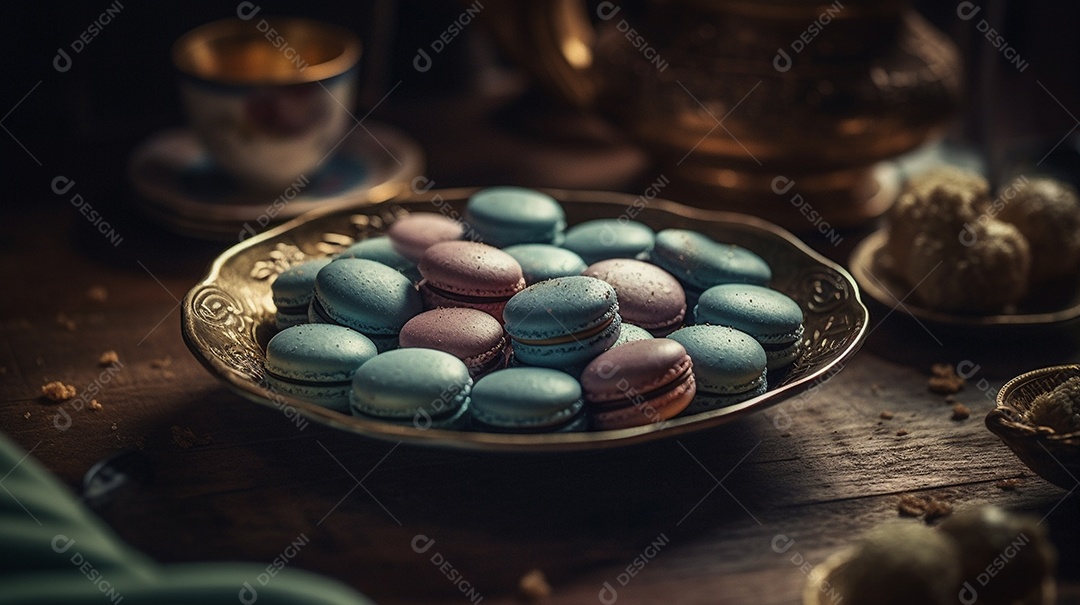 Sobremesa francesa para o café. Macarons multicoloridos ou macaroons.