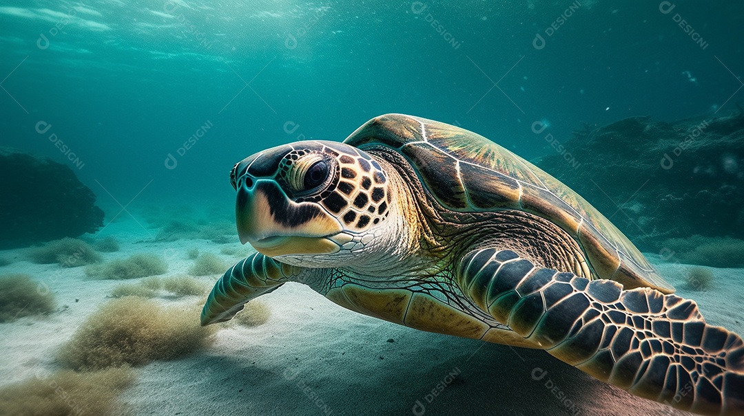 Tartaruga de natação em um recife marinho.