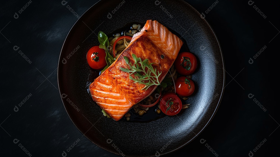 Um tiro do estúdio da placa com filé de salmão cozido.