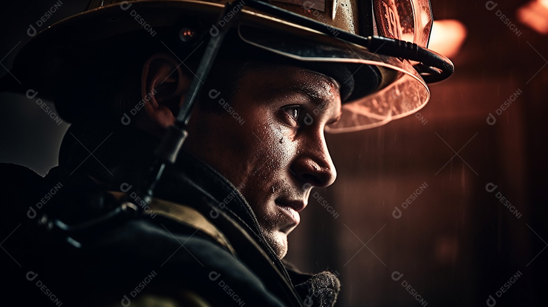 Um bombeiro adulto orgulhoso está de uniforme completo, olhando diretamente para a lente da câmera em busca de um retrato.