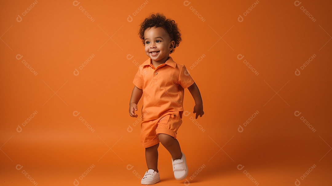 Um modelo infantil elegante está em um estúdio, olhando diretamente para a câmera.