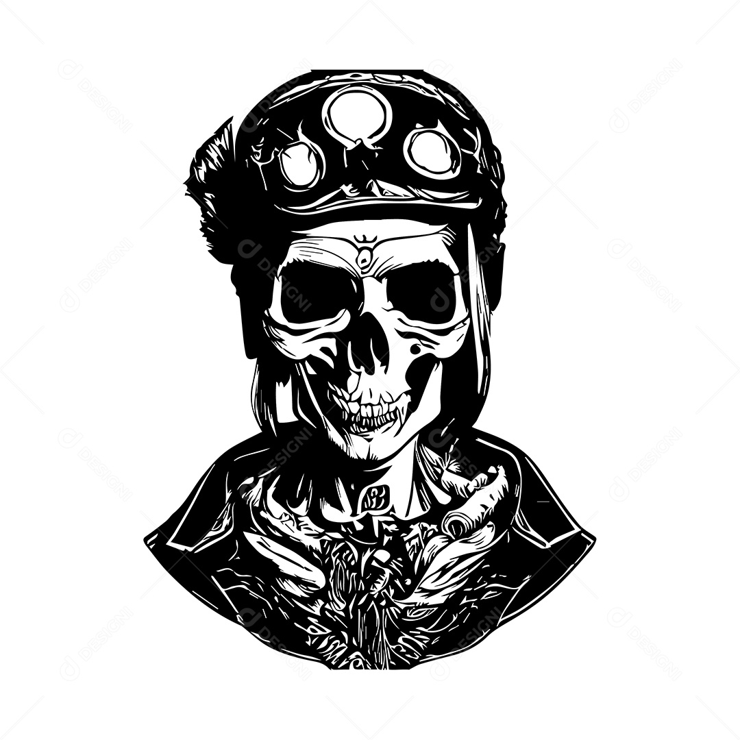Ilustração De Arte De Design De Camiseta Gravação De Caveira Piloto Preto e Branco Vetor EPS