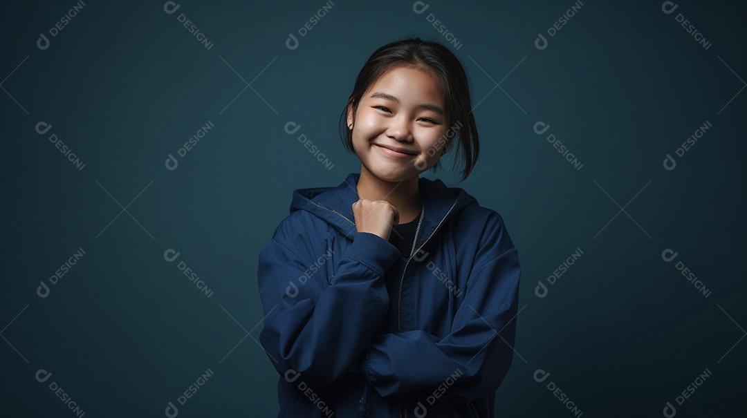 Menina asiática adolescente sorridente no estúdio azul brilhante.