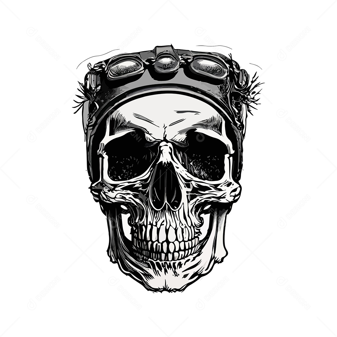 Ilustração De Arte De Design De Camiseta Gravação De Caveira Piloto Preto e Branco Vetor EPS
