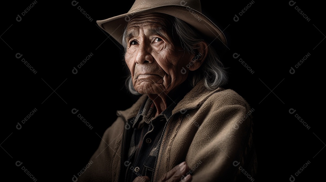 Um homem latino idoso com uma barba grisalha cheia olha diretamente para a câmera neste retrato de estúdio.