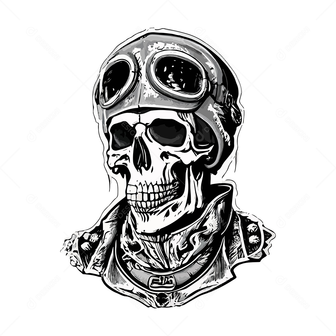 Design De Camiseta Gravação De Caveira Piloto Preto e Branco Ilustração De Arte De Vetor EPS