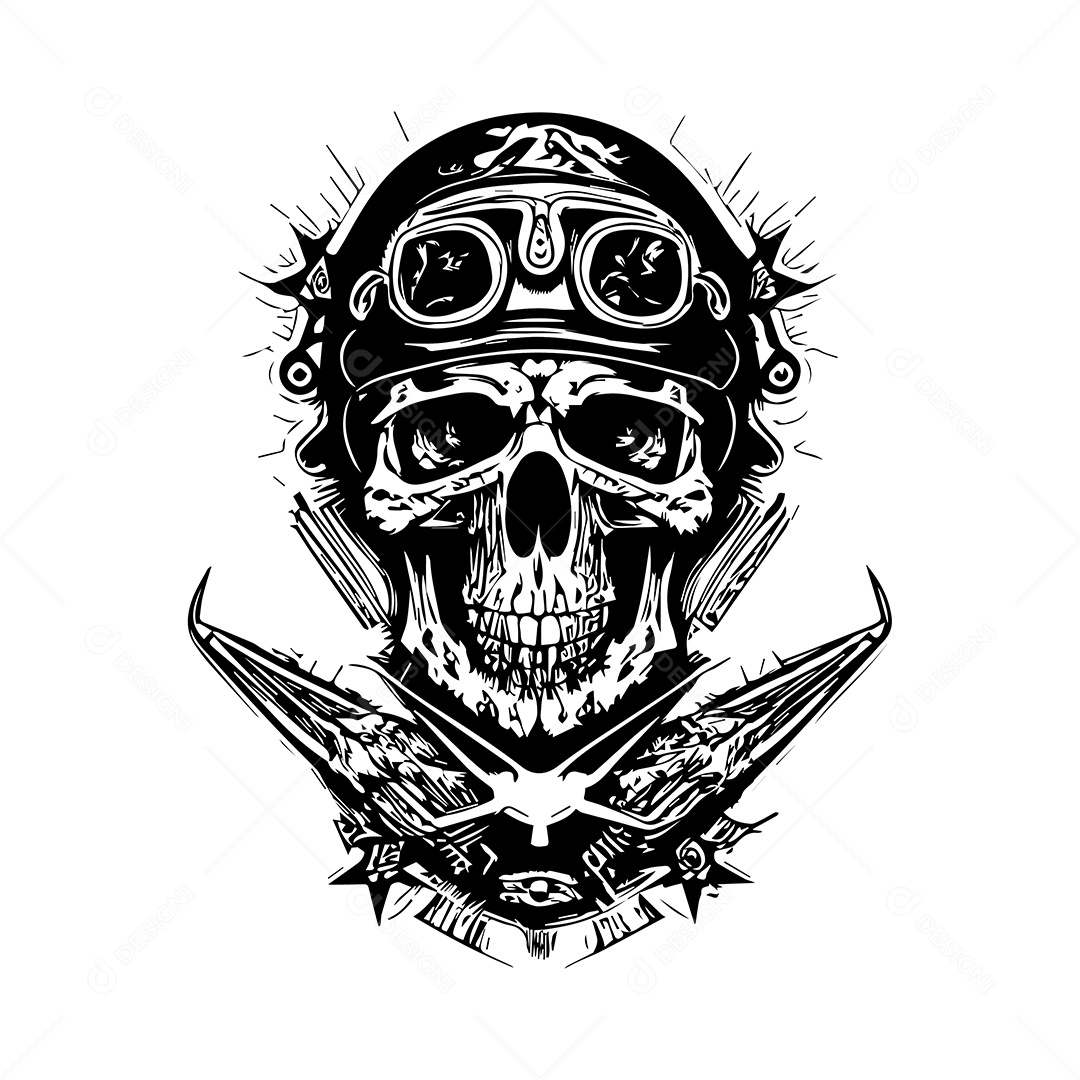 Design De Camiseta Gravação De Caveira Piloto Preto e Branco Ilustração De Arte De Vetor EPS