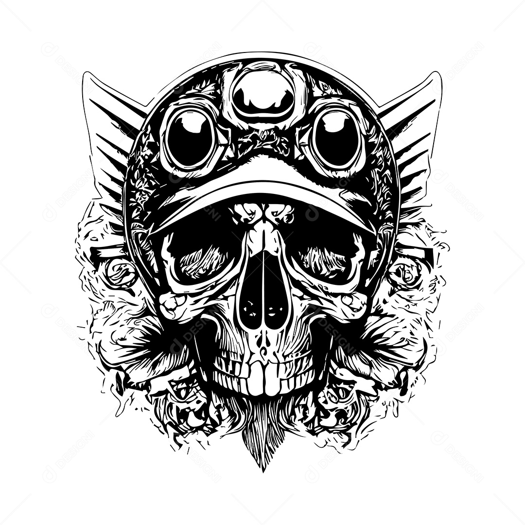 Design De Camiseta Gravação De Caveira Piloto Preto e Branco Ilustração De Arte De Vetor EPS