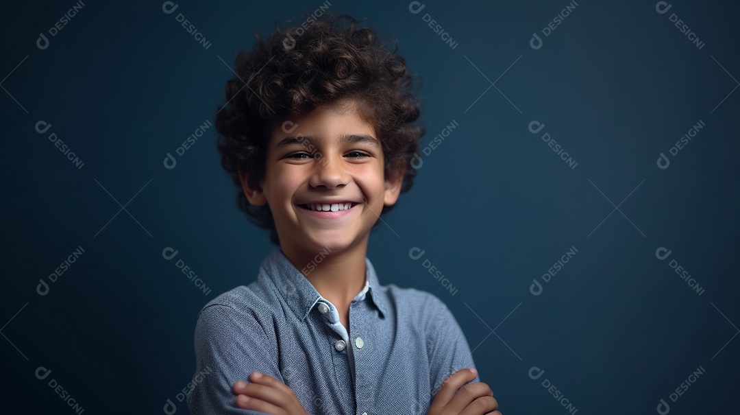 Um modelo infantil elegante está em um estúdio, olhando diretamente para a câmera.