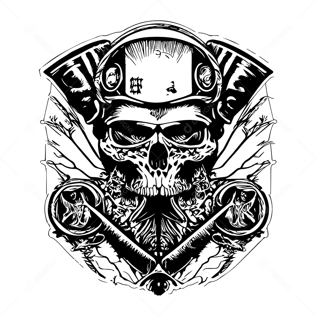 Ilustração De Arte De Design De Camiseta Gravação De Caveira Piloto Preto e Branco Vetor EPS